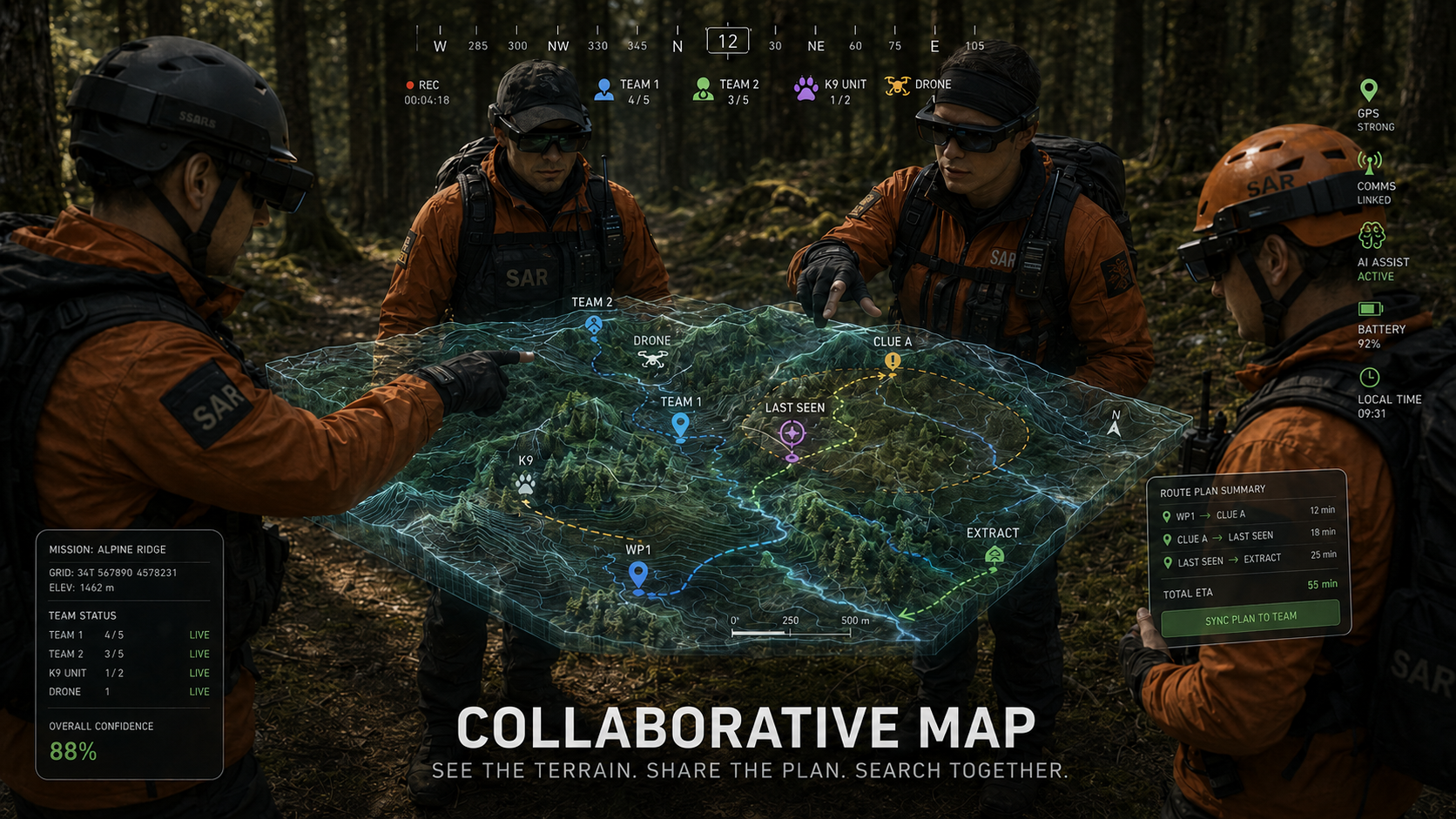 Team collaboration concept showing SAR responders using a shared 3D holographic terrain map with team, drone, clue, route, and extraction markers.