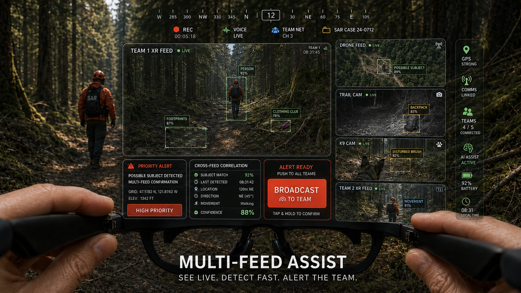 Multi-feed intelligence concept showing live team, drone, trail camera, and K9 camera feeds with AI assist overlays and alert controls.