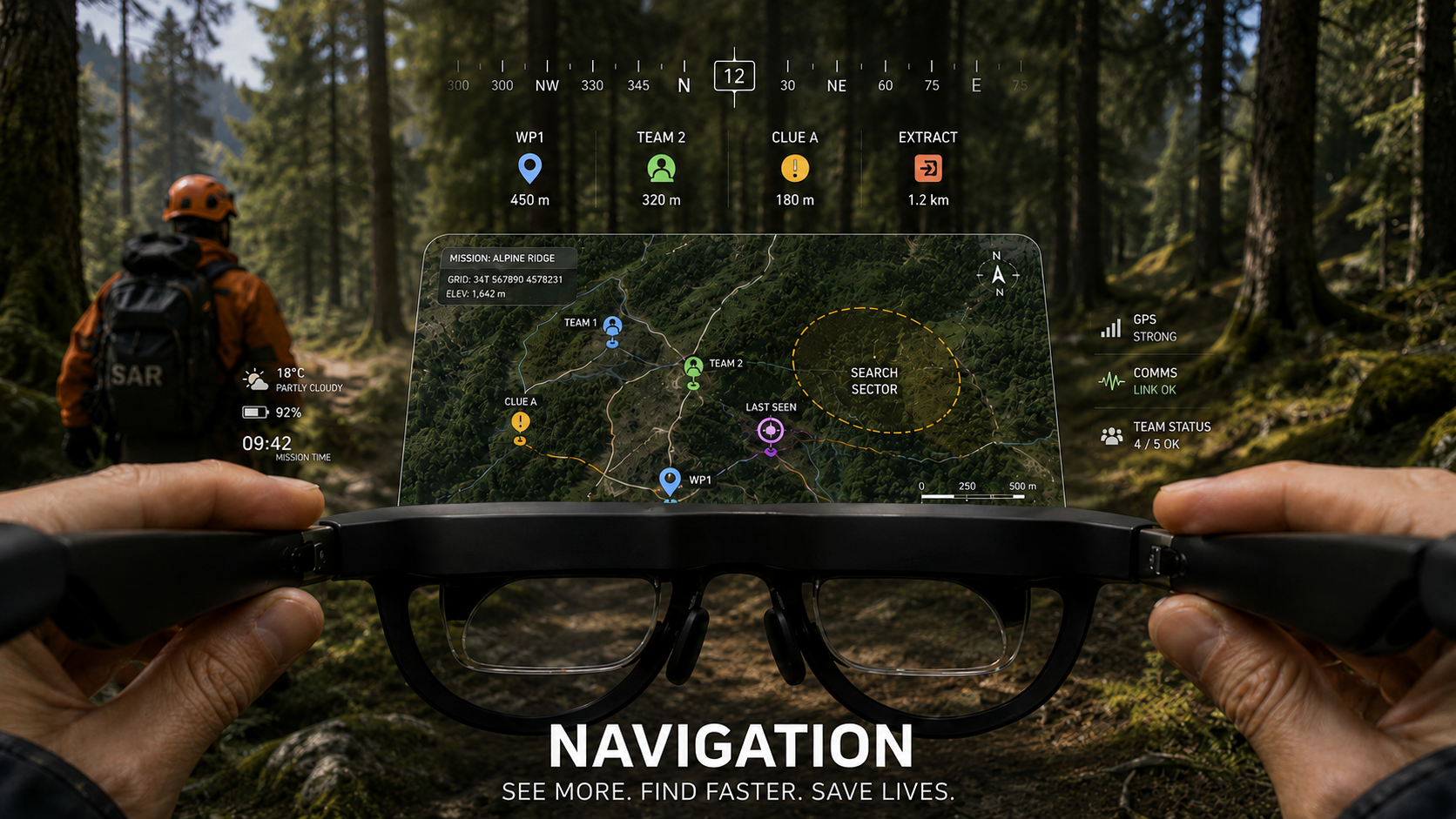 Navigation and wayfinding concept showing a SAR responder using XR glasses with a map, waypoint, clue, team, and extraction overlays.